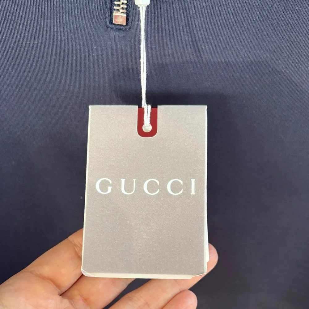 Gucci Logo Patch Knitted Scuba Embroidered Blue Half Zip Sweatshirt sz L